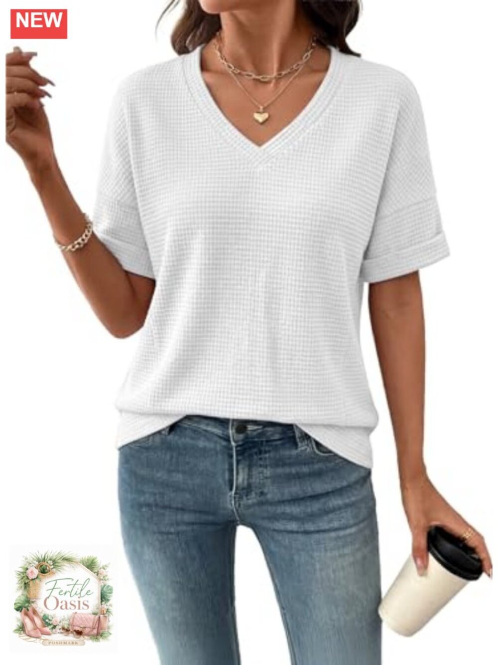 Waffle Knit V-Neck Short Sleeve T-Shirt Hollow Out Casual Blouse